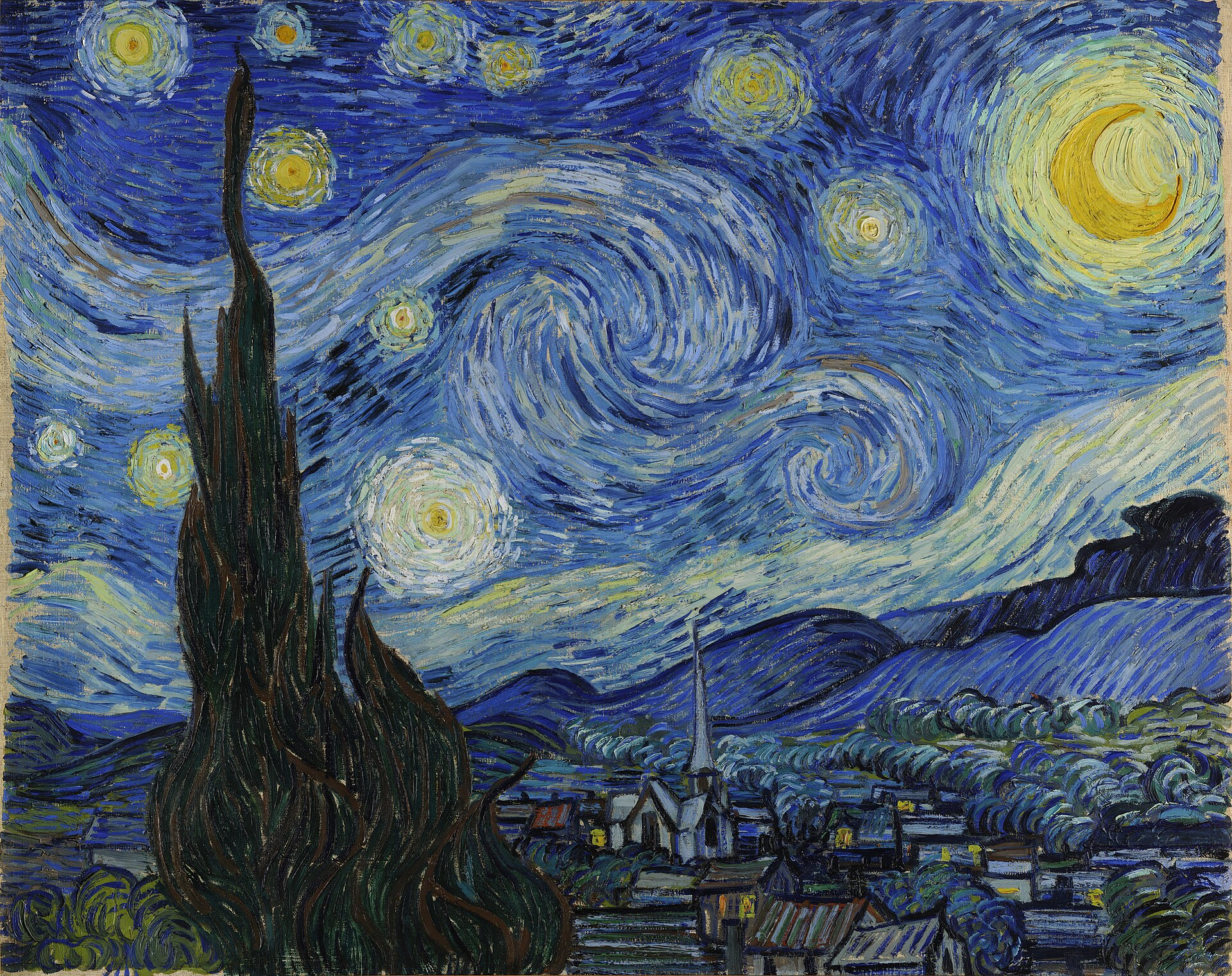 Vincent van Gogh's The Starry Night, swirling blue night sky over a village