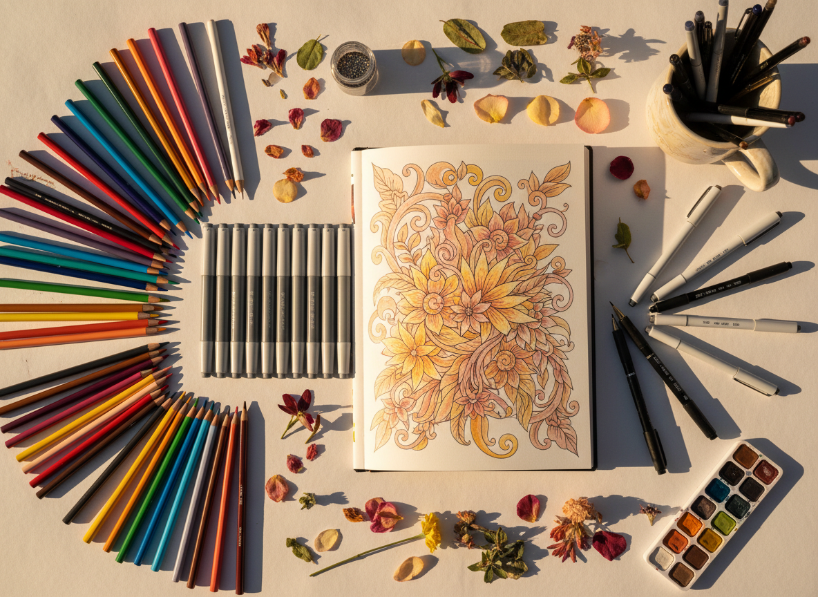 A flat lay of coloring tools including colored pencils, markers, and pens beside an open coloring book