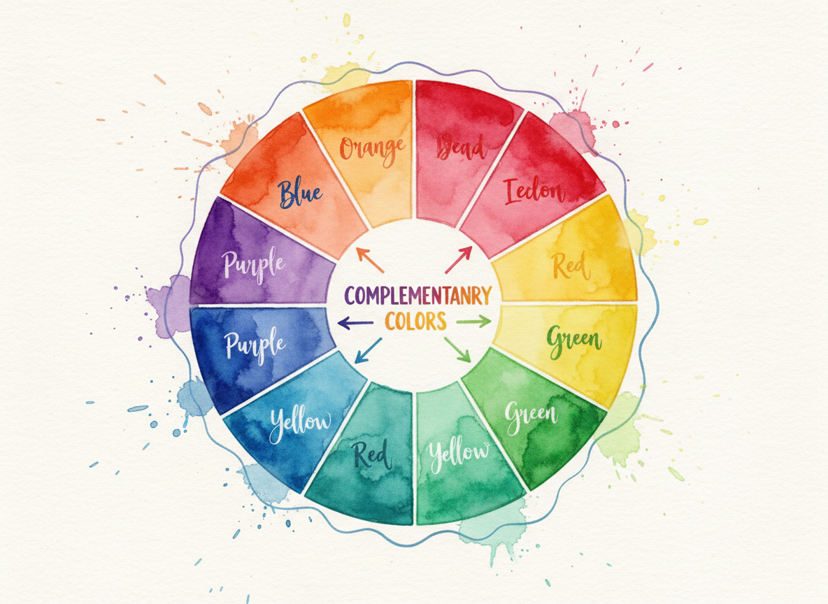 A watercolor-style color wheel showing complementary color pairs