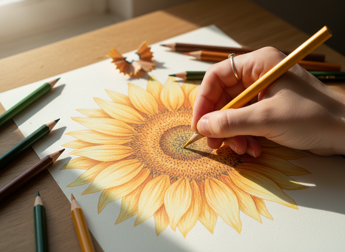 Close-up of a hand shading a sunflower illustration with colored pencils, showing layering technique